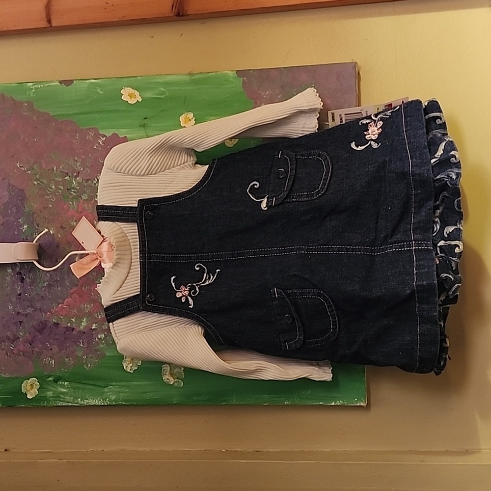 New 2 piece set blue denim green onesie. 3/6 months